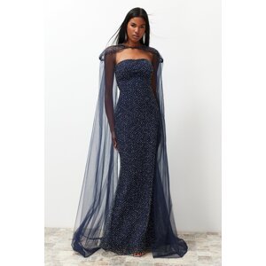 Trendyol Navy Blue Tulle Cape Sequin Long Evening Dress