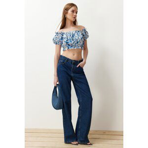 Trendyol Blue Tie-dye Patterned Carmen Collar Crop Woven Blouse