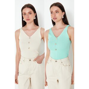Trendyol Stone-Mint Double Pack V-Neck Top Knitwear Thin Blouse