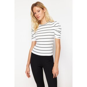 Trendyol White Striped Fitted Balloon Sleeve Ribbed Stretchy Knitted Blouse