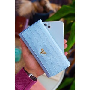 Garbalia Lady Technological Leather Crocodile Pattern Baby Blue Women's Wallet with Loose Card Holder and Coin Compartment.