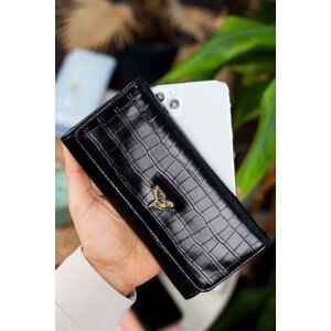 Garbalia Lady Technological Leather Crocodile Pattern Black Women's Wallet with a loose card holder and a coin compartment.