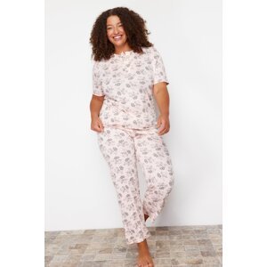 Trendyol Curve Powder Buttoned Flower Patterned Knitted Pajamas Set