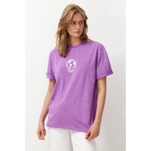 Trendyol Purple 100% Cotton Printed Washed Oversize/Wide Fit Crew Neck Knitted T-Shirt