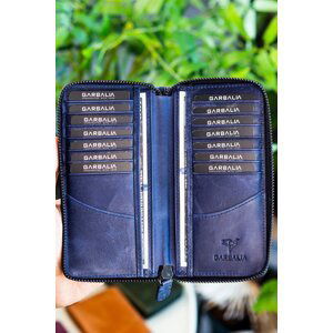 Garbalia Mandela Genuine Leather Crazy Navy Blue Unisex Wallet Card Holde