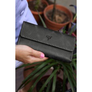 Garbalia Pavia Vintage Leather Saddlery with Stitching Anthracite Black Portfolio Women's Wallet.