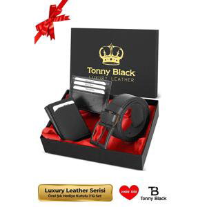 Tonny Black Original Men's 3-Set Luxury Series with Special Gift Box, Elegant Mechanism Wallet, Card Holder Belt Set