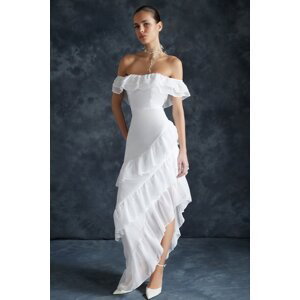 Trendyol Bridal White Frilly Chiffon Long Evening Dress
