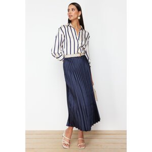 Trendyol Navy Blue Pleated Satin Fabric Maxi Length Woven Skirt