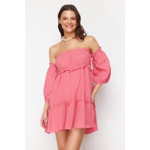 Trendyol Fuchsia Mini Woven Ruffled Muslin Beach Dress