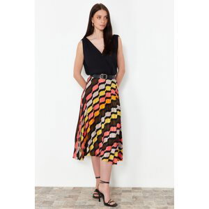 Trendyol Multicolored Patterned Satin Fabric Pleat Detailed Midi Length Woven Skirt