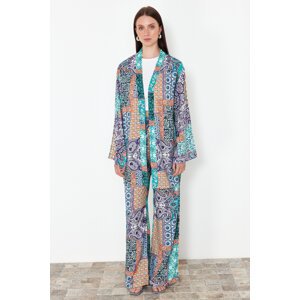 Trendyol Blue Shawl Pattern Kimono and Wide Leg Wide Leg Viscose Woven Bottom Top Set