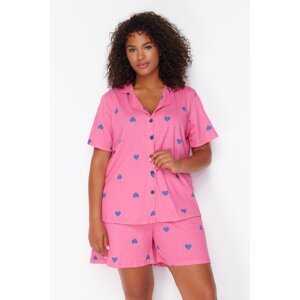 Trendyol Curve Pink Heart Patterned Knitted Pajama Set