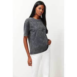 Trendyol Anthracite Stone Accessory Detailed Washing/Abrasion Effect Knitted T-Shirt