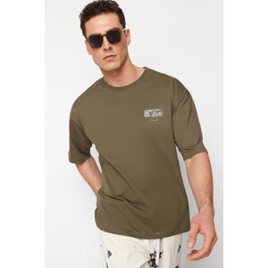 Trendyol Khaki Oversize/Wide-Fit Back Fluffy Text Printed 100% Cotton T-shirt