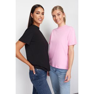 Trendyol Pink-Black 2-Pack 100% Cotton Basic High Neck Knitted T-Shirt