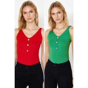 Trendyol Green-Red Double Pack V-Neck Top Knitwear Thin Blouse