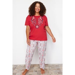 Trendyol Curve Red Geometric Patterned Knitted Pajamas Set
