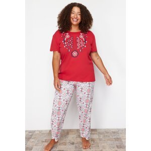 Trendyol Curve Red Geometric Patterned Knitted Pajamas Set