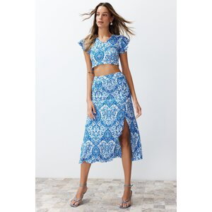 Trendyol Blue Patterned Slit Ribbed Flexible Knitted Two Piece Set