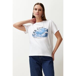 Trendyol White 100% Cotton Ocean Print Regular Cut Knitted T-Shirt