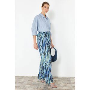 Trendyol Blue Elastic Waist Wide Leg/Wide Leg Patterned Woven Trousers