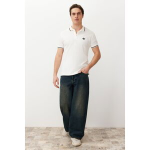 Trendyol White Men's Slim/Narrow Cut Embroidered 100% Cotton Polo Neck T-Shirt