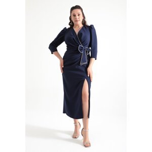 Lafaba Women's Navy Blue Double Breasted Collar Slit Plus Size Evening Dress