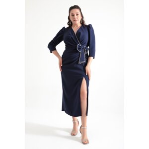 Lafaba Women's Navy Blue Double Breasted Collar Slit Plus Size Evening Dress