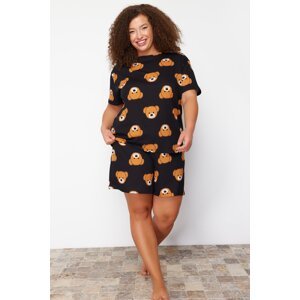 Trendyol Curve Black Teddy Bear Printed Cotton Knitted Pajama Set