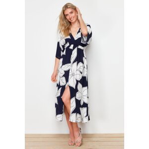 Trendyol Navy Blue Floral Print A-line Double-breasted Collar Midi Woven Dress