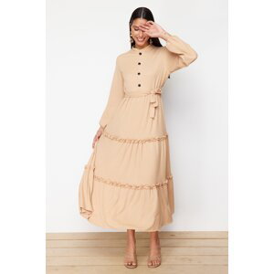 Trendyol Beige Button Detailed Belted Knitted Wrap Dress