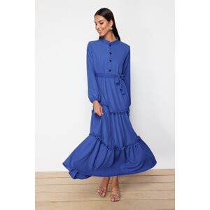 Trendyol Sax Button Detailed Belted Knitted Wrap Dress