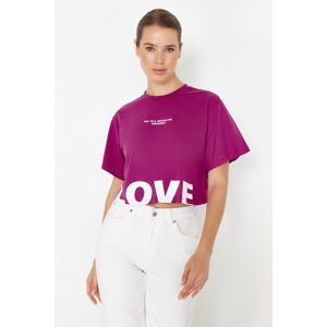Trendyol Plum 100% Cotton Slogan Printed Relaxed Crop Knitted T-Shirt