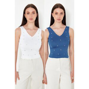 Trendyol White-Indigo Stone Embroidered Double Pack Knitwear Blouse