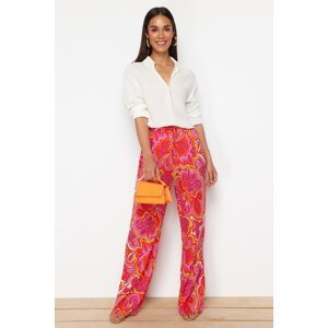 Trendyol Pink Wide Leg Patterned Woven Trousers with Elastic Waist Tie Detail