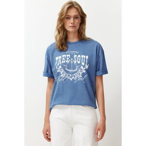 Trendyol Blue 100% Cotton Antique/Pale Effect Oversize/Wide Fit Printed Knitted T-Shirt