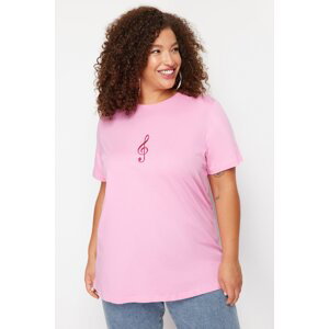 Trendyol Curve Pink Wide Fit Knitted Embroidered T-Shirt