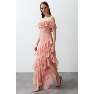 Trendyol Pale Pink Frilly Chiffon Long Evening Dress