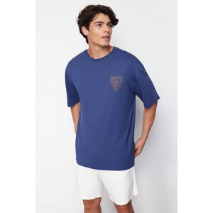 Trendyol Navy Blue Oversize/Wide Cut Crew Neck City Printed 100% Cotton T-Shirt