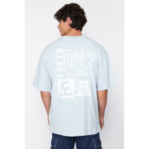 Trendyol Light Blue Oversize/Wide Cut Headlight East Printed 100% Cotton T-Shirt