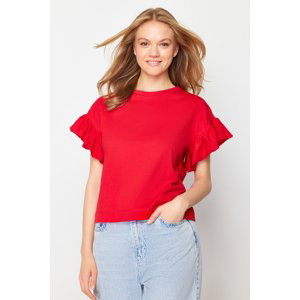Trendyol Red 100% Cotton Ruffle Detail Basic Crew Neck Knitted T-Shirt
