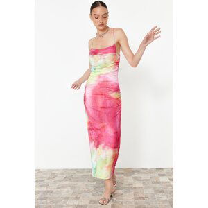 Trendyol Limited Edition Pink Printed Midi Strap Stretchy Knitted Pencil Dress