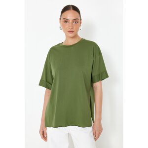 Trendyol Khaki 100% Cotton Double Sleeve Asymmetrical Boyfriend Knitted T-Shirt