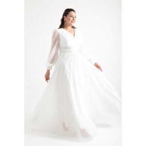 Lafaba Women's White V-Neck Silvery Long Plus Size Evening Dress