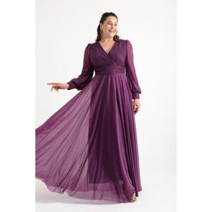 Lafaba Women's Plum V-Neck Silvery Long Plus Size Evening Dress