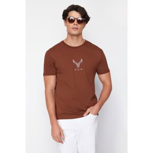 Trendyol Dark Brown Regular Cut Deer Embroidered 100% Cotton T-Shirt