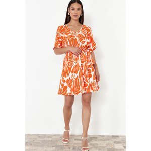 Trendyol Orange Printed Pool Neck Belted Relaxed Cut Flexible Midi Knitted Dress