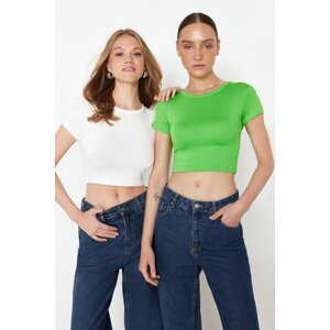 Trendyol Premium Ecru-Green 2 Pack Crop Viscose Stretchy Knitted Blouse