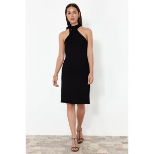 Trendyol Black Plain Knitted Dress with Tie Detail at the Throat